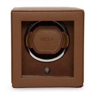 WOLF Cub Single Watch Winder with Cover | Cognac